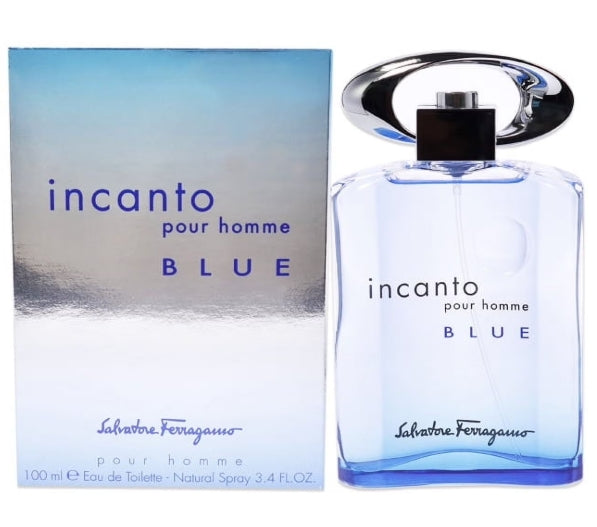 Salvatore Ferragamo Incanto pour homme Blue perfume bottle and packaging.